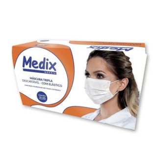 Máscara Descartável Cirúrgica Medix Tripla Camada com Elástico - Cor Branca - 50 Unidades