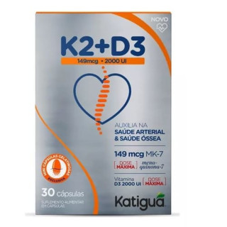 Vitamina K2 + D3 Katiguá - Vitamina D3 2.000UI + K2 149mcg MK-7 - 30 Cápsulas Gelatinosas
