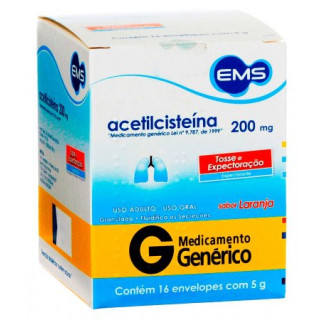 Acetilcisteína 200mg/g - Sabor Laranja - 16 Envelopes com 5g - EMS - Genérico
