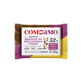 Snack Chocolate 72% Coco Castanhas e Passas - Como Amo Zero Açúcar e Zero Glúten 20g 