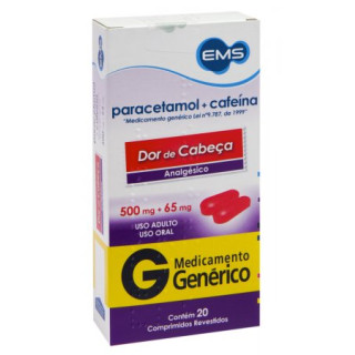 Paracetamol + Cafeína 500mg + 65mg - 20 Comprimidos - EMS - Genérico